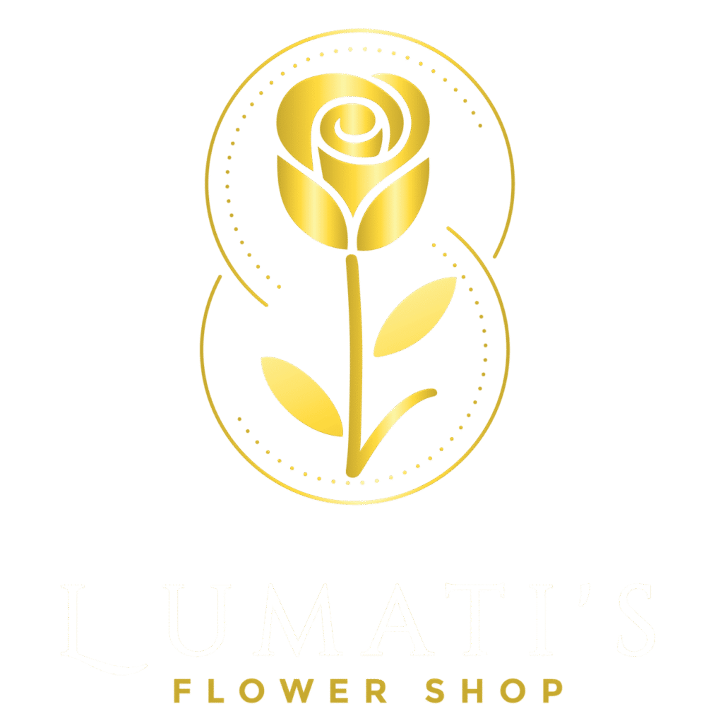 Lumati’s Flower Shop logo with golden rose on black background