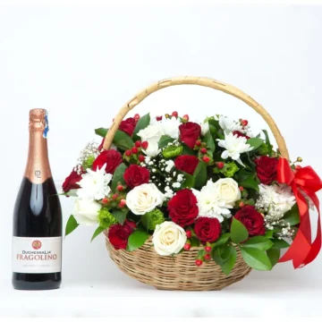 Basket Bliss arrangement with red and white roses white chrysanthemums and green chrysanthemums