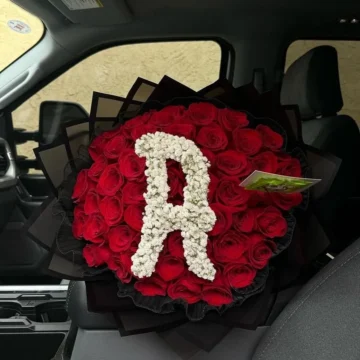 50 Roses Birthday Bouquet with personalized baby’s breath letter topper – Lumati’s Flower Shop