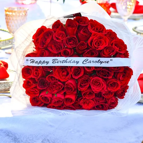 Birthday Roses bouquet with customized ribbon