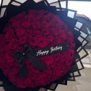 100 Roses Double-Wrapped Bouquet with custom birthday ribbon – Lumati’s Flower Shop