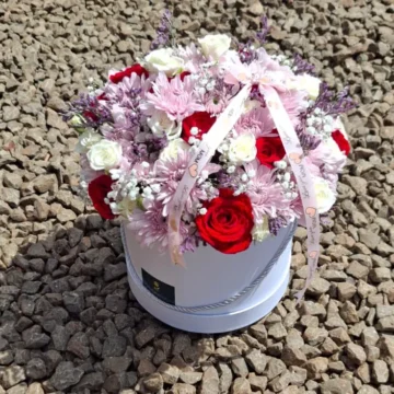 Mega Hat Box mixed flowers arrangement with elegant mum ribbon – Lumati’s Flower Shop