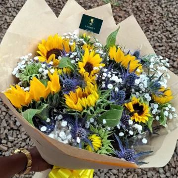 Mini sunflower bouquet with 10 stems and fillers arranged beautifully