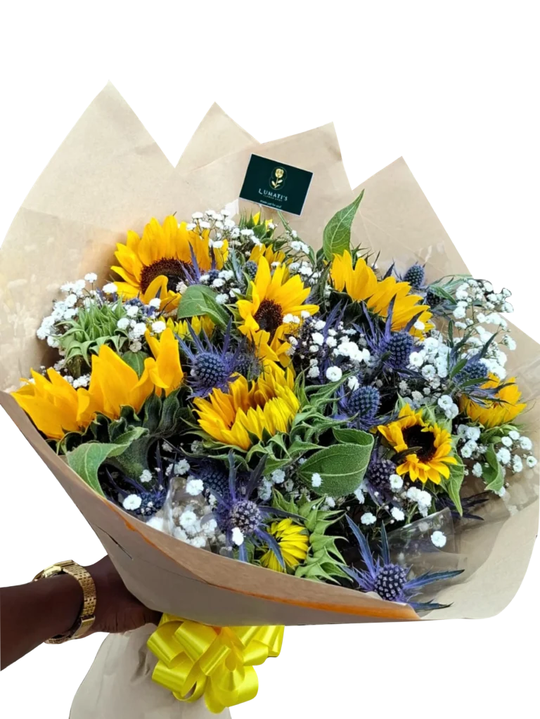 Bright sunflower bouquet with baby’s breath and thistles from Lumati’s Flower Shop